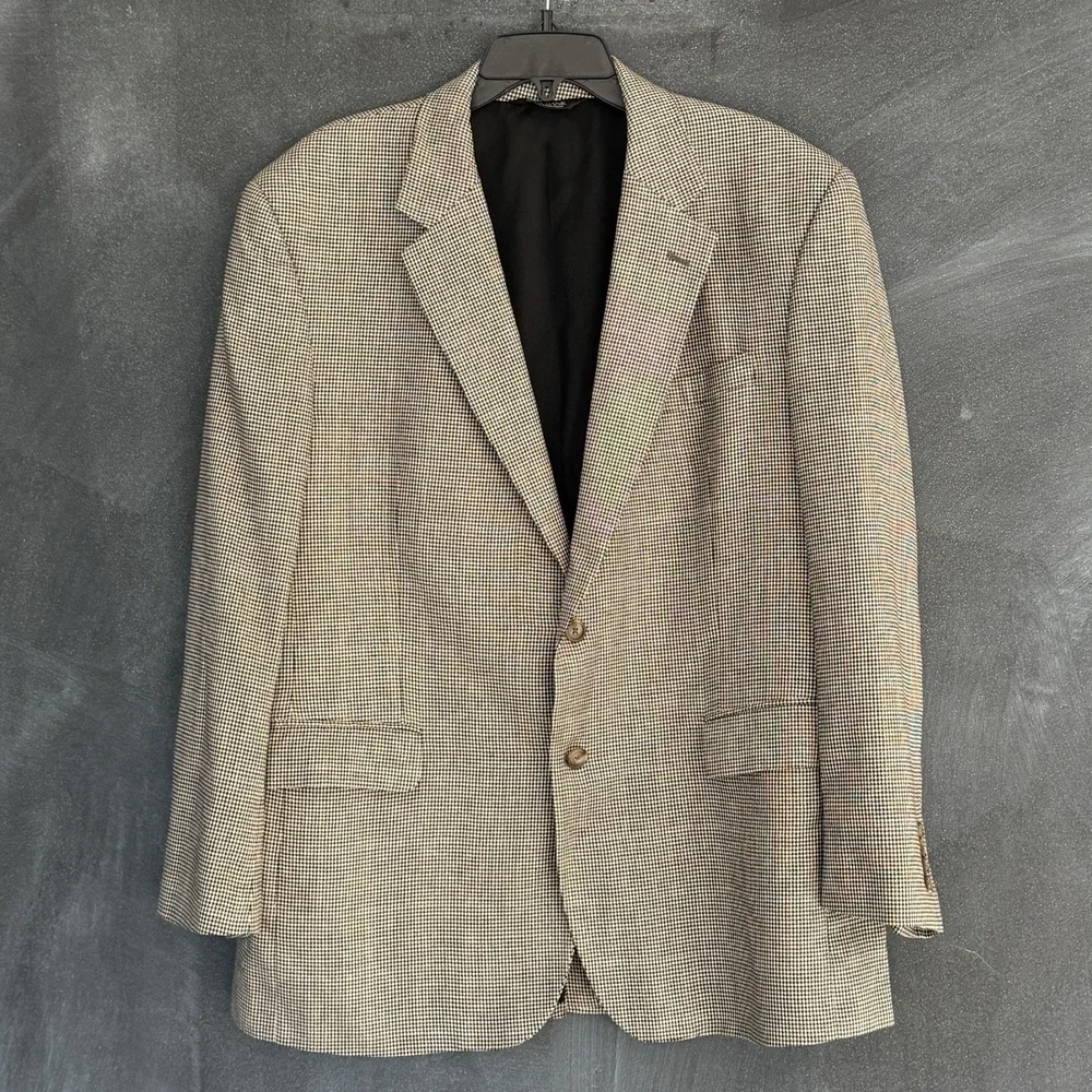 Jos A Bank Sport Coat Mens 46R Silk Wool Houndstooth Plaid Blazer Brown